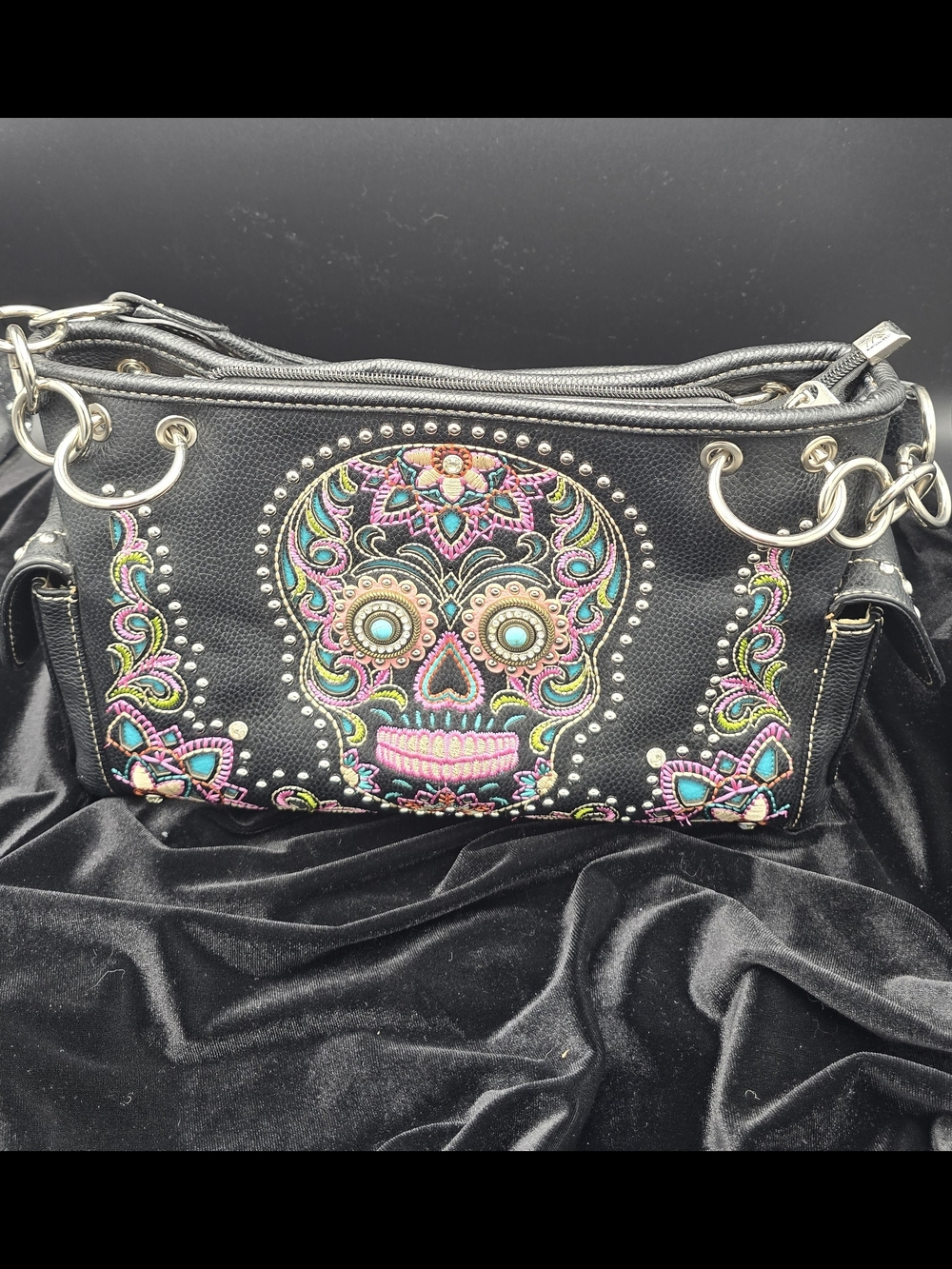 Montana West Black Embroidered Sugar Skull Shoulder Bag (Conceal Carry Bag)